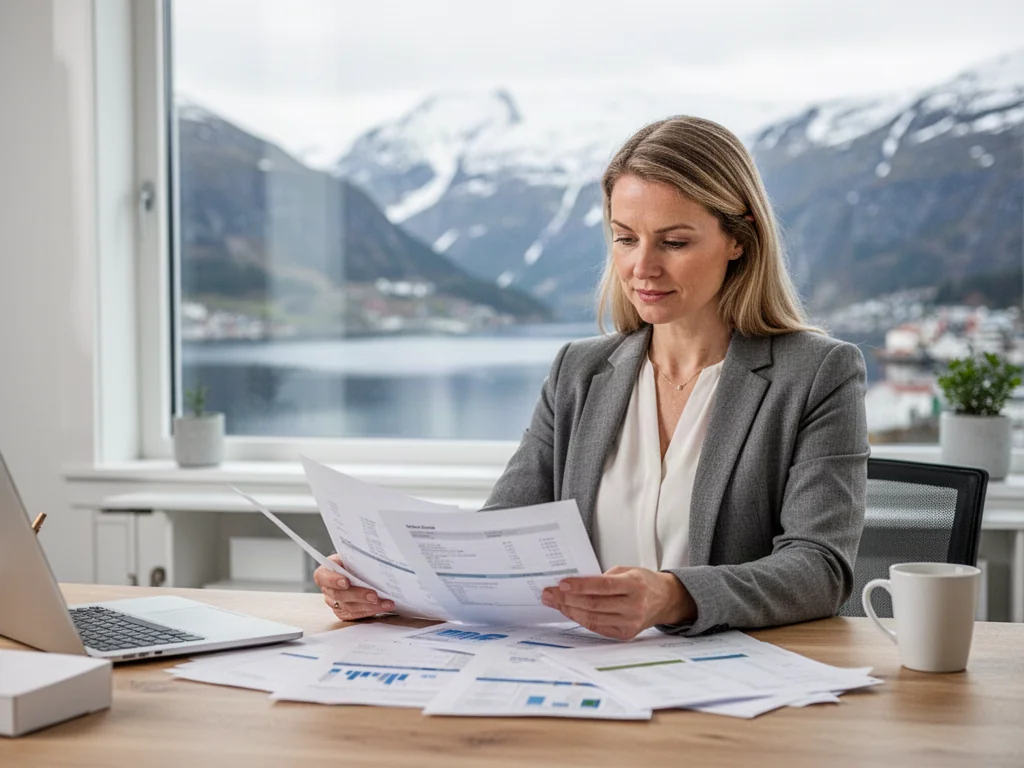 Kobieta w nowoczesnym biurze analizuje dokumenty finansowe na tle norweskiego fiordu, ilustrując planowanie emerytury.