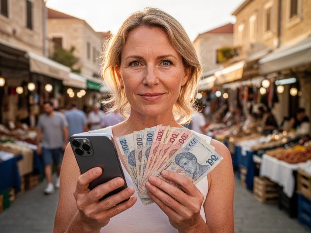 Kobieta trzymająca w dłoniach smartfon oraz albańskie banknoty na tle słonecznego targu w Albanii.