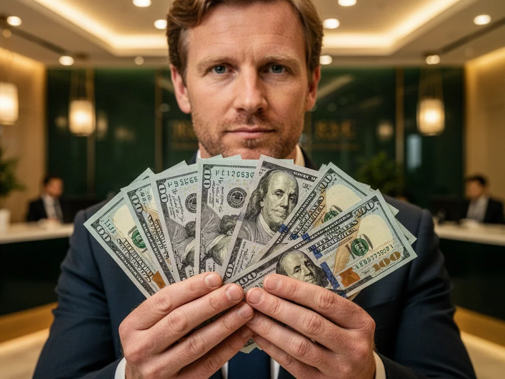 Mężczyzna trzymający w dłoniach nowe banknoty dolarowe w profesjonalnym wnętrzu bankowym.
