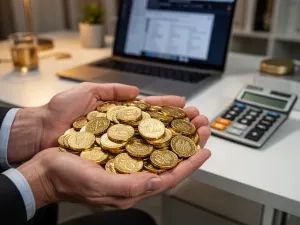 Zirytowany pracownik biurowy patrzący na ekran komputera z komunikatem o błędzie technicznym.