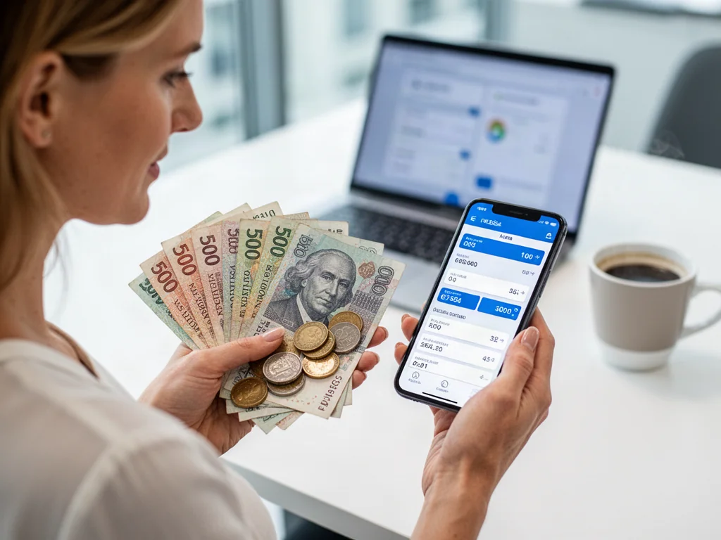 Kobieta trzymająca czeskie korony i sprawdzająca kurs walut w aplikacji na smartfonie.
