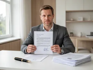 Mężczyzna w średnim wieku analizuje dokumenty emerytalne przy biurku w jasnym, profesjonalnym biurze.